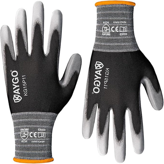 KAYGO Work Gloves PU Coated 12 Pairs, KG15P,Nylon Liner with Flexible Polyurethane Coating,Safety Work Gloves for DIY, Assembly, Warehouse, Light Duty Work (XX-Large, Black)
