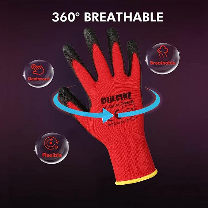 DULFINE Safety Work Gloves PU Coated-60 Pairs,Red Seamless Knit Glove with Polyurethane Coated Smooth Grip on Palm & Fingers, for Men and Women, Ideal for General Duty Work (Medium)