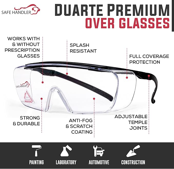 Duarte Premium Safety Glasses Over Eyeglasses; ANSI Z87.1 Impact Resistant Polycarbonate Lenses with Anti-Fog & Scratch, UV400 Protection Safety Goggles