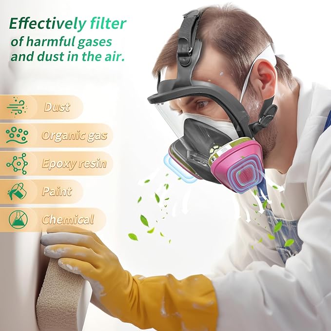 Reusable full Face Cover, Full Face Respirator Mask, Organic Vapor Gas Mask with Activated Carbon Filters