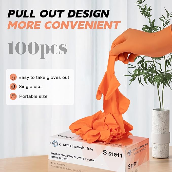 FINITEX Nitrile Disposable Gloves - Orange, 3.5mil, 1000PCS, Powder-Free, Cleaning, Medical, Food Gloves