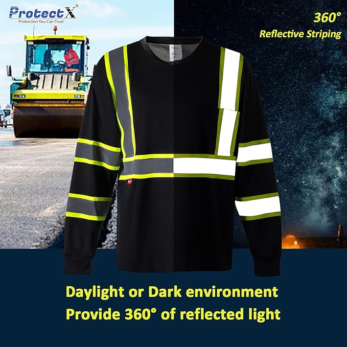 ProtectX Men's High Visibility Heavy Duty Long Sleeve Reflective Safety T-Shirts for Construction, Class 2-3 Type R