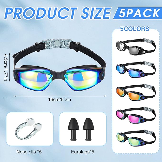 Macarrie 5 Pairs Swimming Goggles for Adults Kids Anti Fog Pool Goggles bulk No Leaking Glasses with Ear Plugs Nose Clip