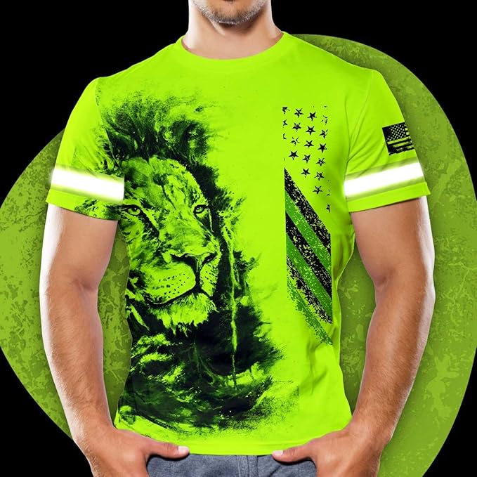 Matedecor Skull High Visibility Shirt Men Reflective Safety Shirts US Flag Custom Name Workwear, Runners, Walkers, Patriotic