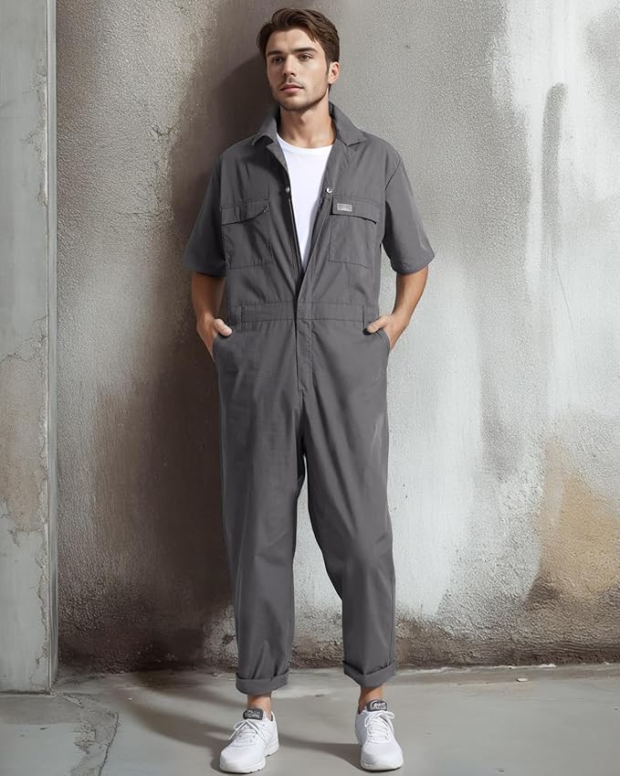 HISEA Men's Short Sleeve Zip Up Coverall, Twill Stain & Wrinkle Resistant Mens Work Coverall with Multi Pockets