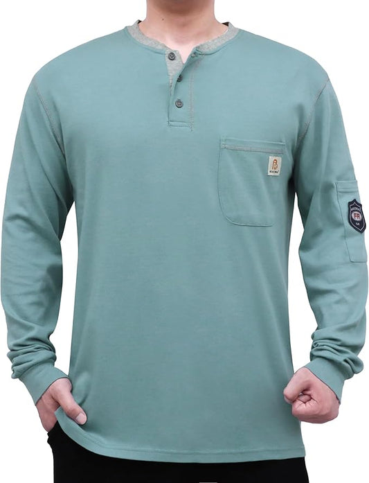 BOCOMAL FR Shirts for Men CAT2 5.5oz Long Sleeve Henley Workwear Flame Resistant Fire Retardant Shirt