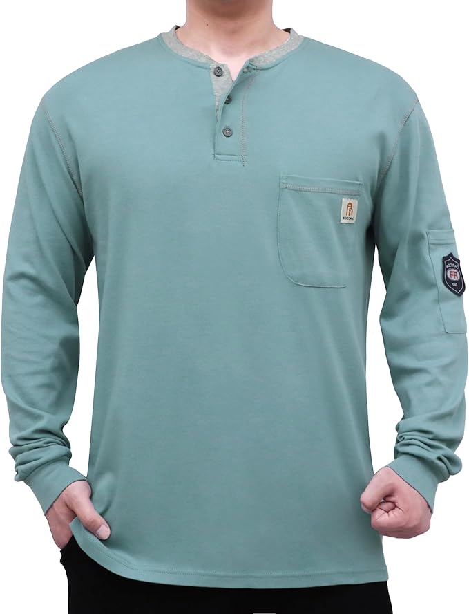 BOCOMAL FR Shirts for Men CAT2 5.5oz Long Sleeve Henley Workwear Flame Resistant Fire Retardant Shirt