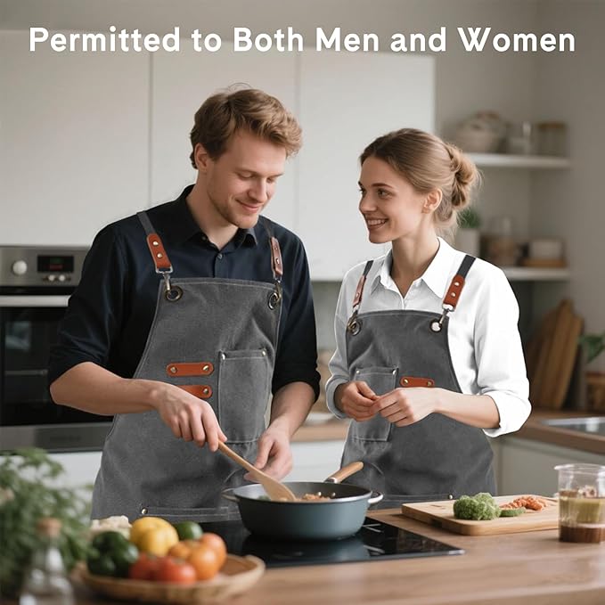 Chef Aprons for Women Men with Large Pockets, Polyester cotton hick canvas Waterproof Work Aprons,Adjustable Straps