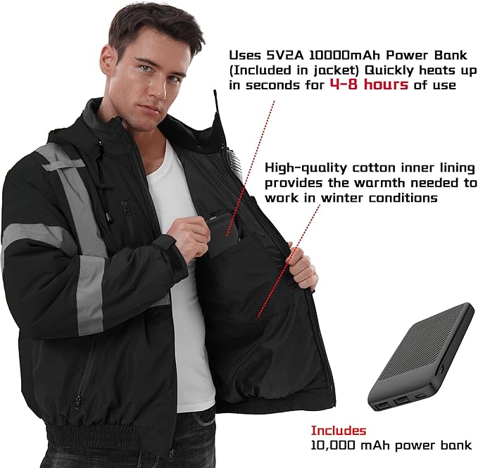 SKSAFETY Heated Safety Bomber Jacket, Class 3 Hi-Vis Waterproof Coat, 3M Reflective Tape, Work Construction Coats