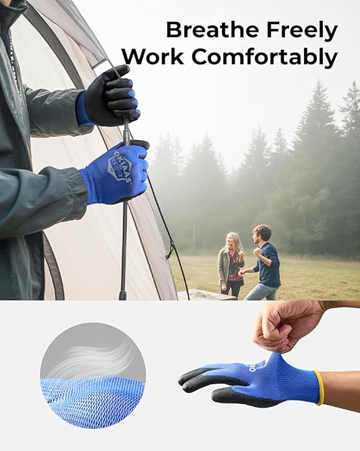 OKIAAS Work Gloves for Men，Ultra Thin and Lightweight Working Gloves with Grip, Bulk Case of 60 Pairs Construction Gloves with Polyurethane Coating, Safety Gloves for Light Duty Work (Black, Large)