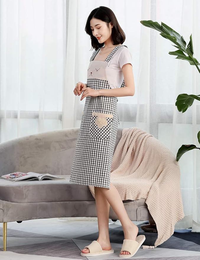 NEWGEM Women Cooking Apron with Pocket Cotton Cute Kitchen Pinafore for Baking Cleaning