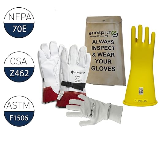 Class 2 Yellow Rubber Voltage Insulating Glove Premium Kit with FR Knit Glove and Leather Protectors, Max. Use Voltage 17,000V AC/ 25,500V DC, KITGC2Y10AG