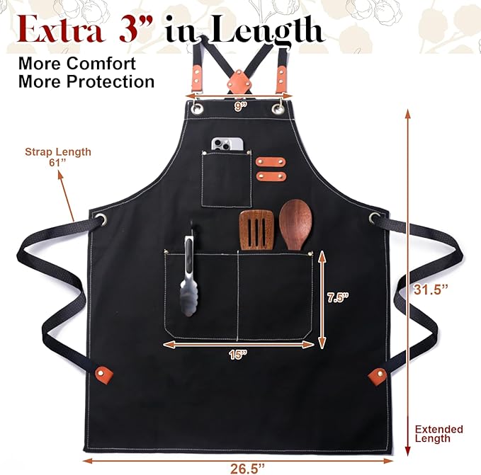Chef Apron for Men Women with Pockets,Cross Back Cotton Canvas Plus Size Apron for Cooking BBQ Baking Gardening