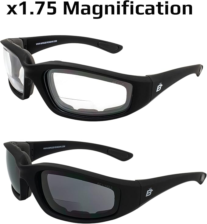 Birdz Eyewear Oriole Bifocal Safety Sunglasses 2 Pairs Black Frames 1.75x with Clear & Smoke Lenses Carry Bag