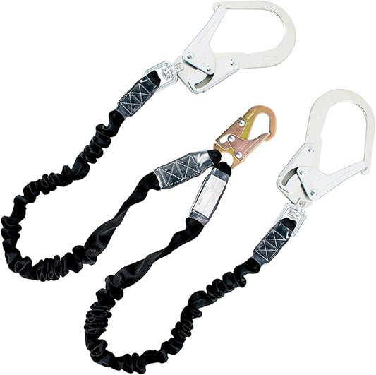 6ft Safety Harness Lanyard Double Leg Internal Shock Absorbing Safety Fall Protection Lanyard with Rope Harness Safety Lanyard Dual Rebar & Snap Hook Roofer Fall Protection Equipment（Alloy Steel）