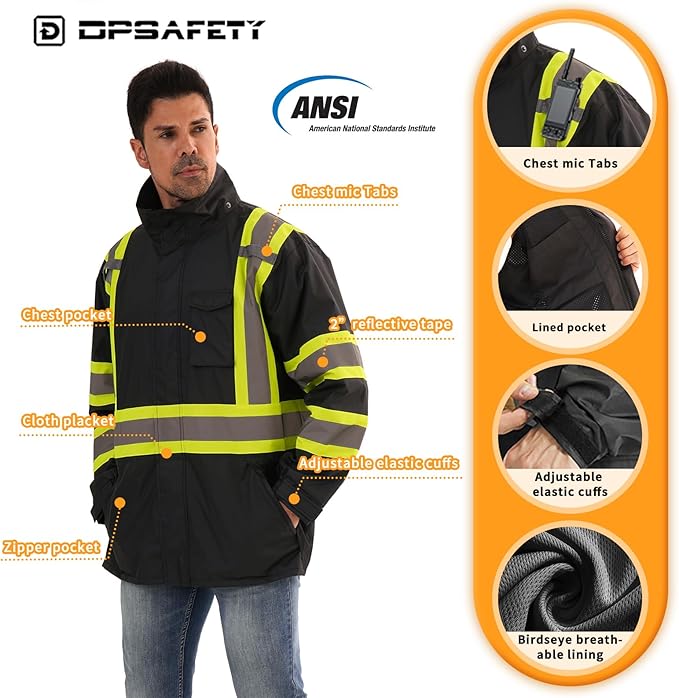Reflective Rain jackets for men waterproof,Hi Vis Safety Coat With Reflective Strips，High Visibility Class 3 Rain jackets With 2 large pockets，Zipper,Black，2XL/3XL