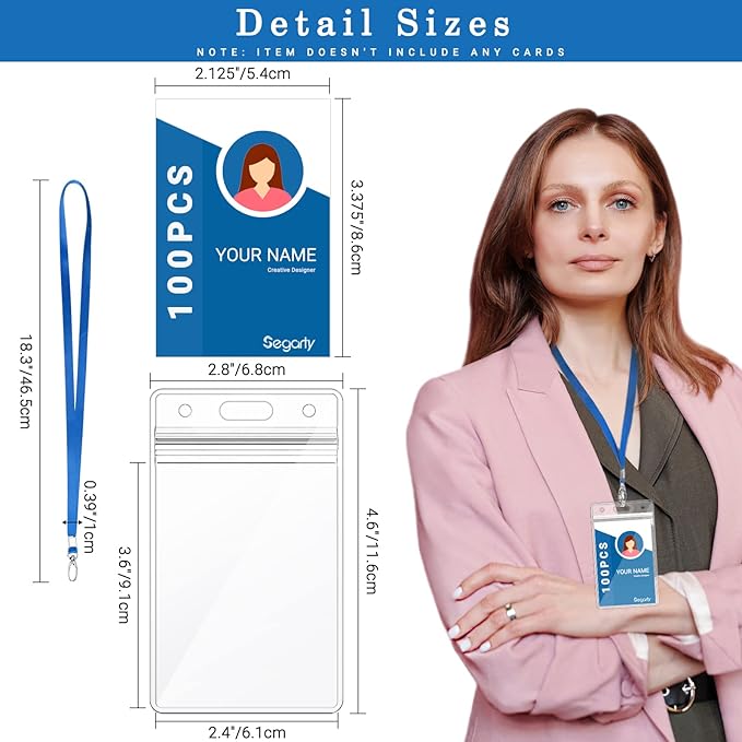 Segarty Lanyards with ID Holder, 100 Pack Vertical Clear Plastic Badge Name Tags Key Card Holder, Blue Strap Clips Waterproof Ziplock Nametag Protector for Women, Business, Student, School, Office