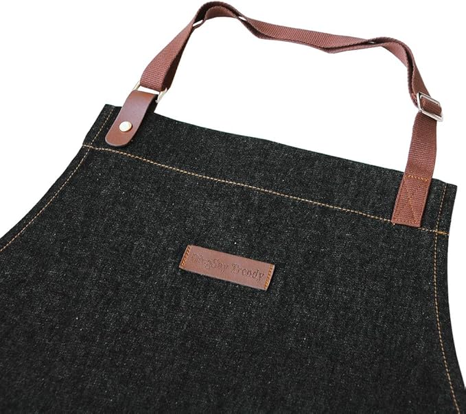 Denim Kitchen Apron with Pockets, Mens Womens Professional Chef Bib Apron for Cooking Grill BBQ Server