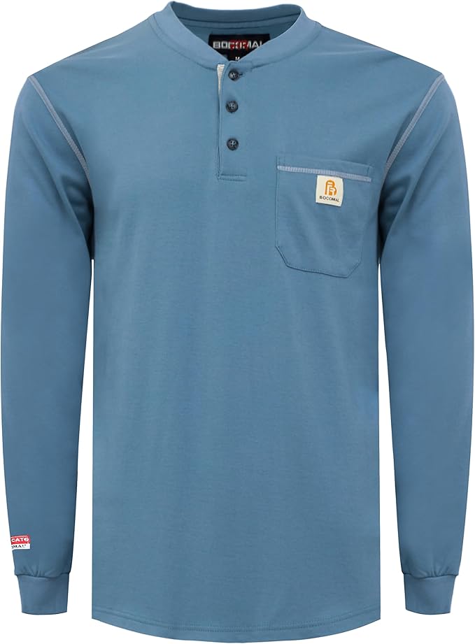 BOCOMAL FR Shirts for Men 5.5oz Lightweight Long Sleeve Work Henley Fire Resistant Shirt CAT2