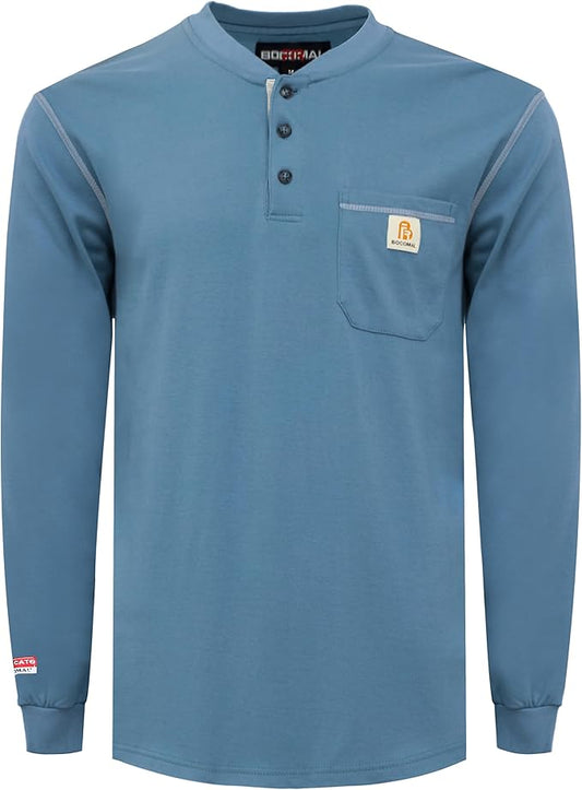 BOCOMAL FR Shirts for Men 5.5oz Lightweight Long Sleeve Work Henley Fire Resistant Shirt CAT2