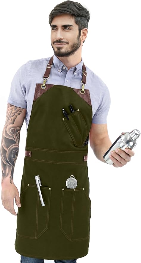 Under NY Sky Barista Apron - Brown Leather Straps and Reinforcement - Riveted Pockets - Double Stiched - Leather Ring Loop - Professional Green Twill - Double as Half Bistro Apron - Chefs, Bartender