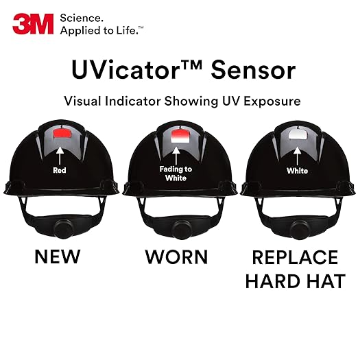 3M Hard Hat SecureFit H-712SFR-UV, Black, Non-Vented Cap Style Safety Helmet with Uvicator Sensor, 4-Point Pressure Diffusion Ratchet Suspension, ANSI Z87.1