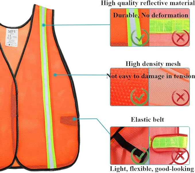 SIFE 10 Pack High Visibility Reflective Safety Vest,Made from Breathable and Neon Orange Mesh Fabric with Stretchable design,light weight for Man and Woman(Orange, 10 pack)