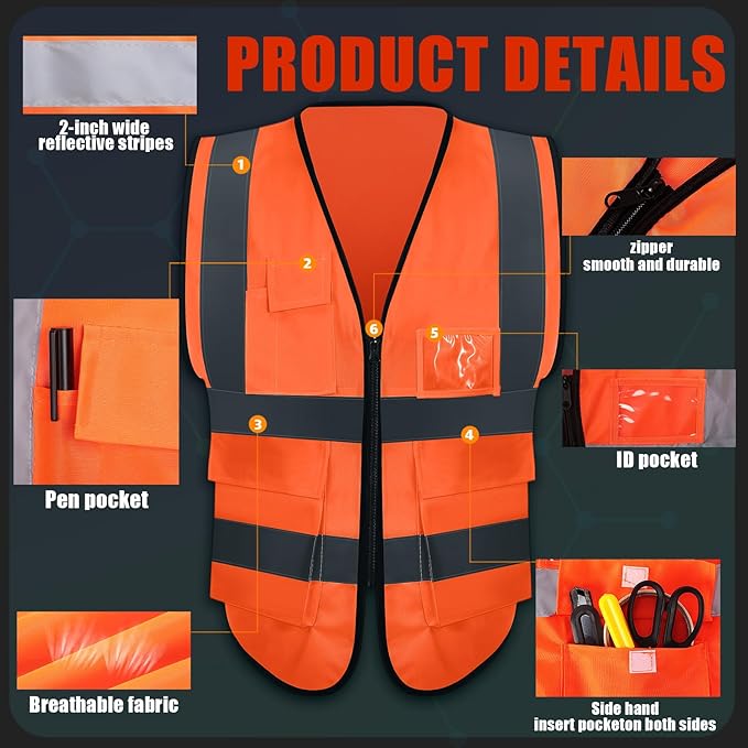 15 Pack Reflective Safety Vests with Pockets and Zipper Construction Work High Visibility Vest for Men Women(X-Large,Orange Red)