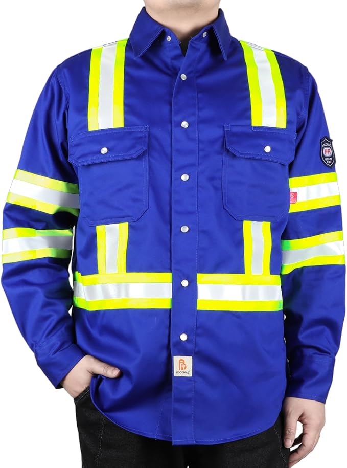 BOCOMAL FR Shirts High Visibility/Hi Vis Flame Resistant/Fire Retardant Shirt 7.5oz Men's Reflective Shirts
