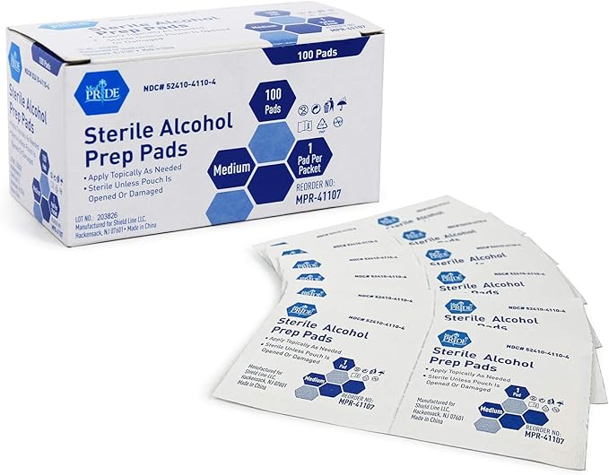 MED PRIDE Sterile Alcohol Prep Pads, Antiseptic, Individually Wrapped, Medical Grade, Latex Free, 2 Ply, 100 Count