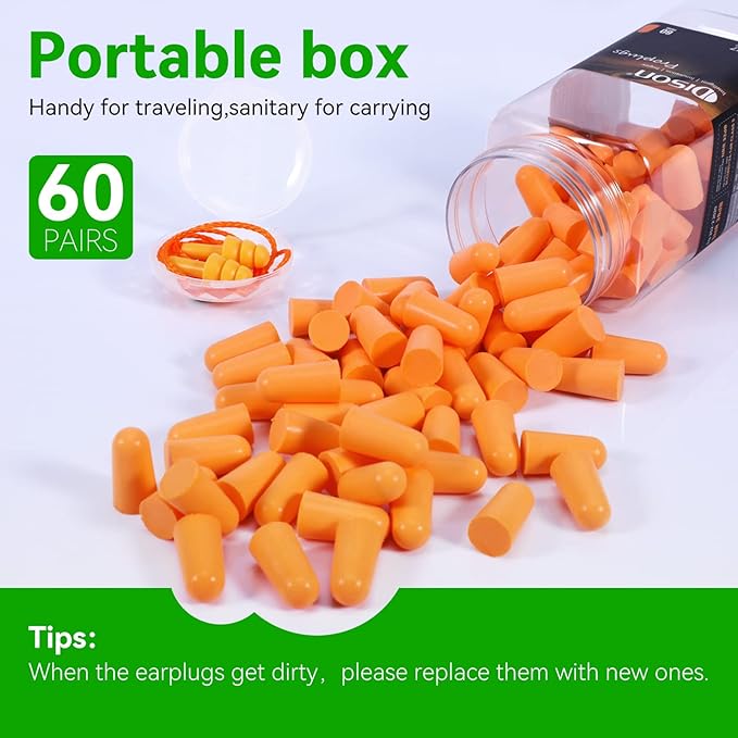 60Pairs Foam Earplugs, 38dB Noise Reduction Ear Plugs, Hearing Protection EarPlugs for Sleeping Noise Cancelling,Shooting Range, Work
