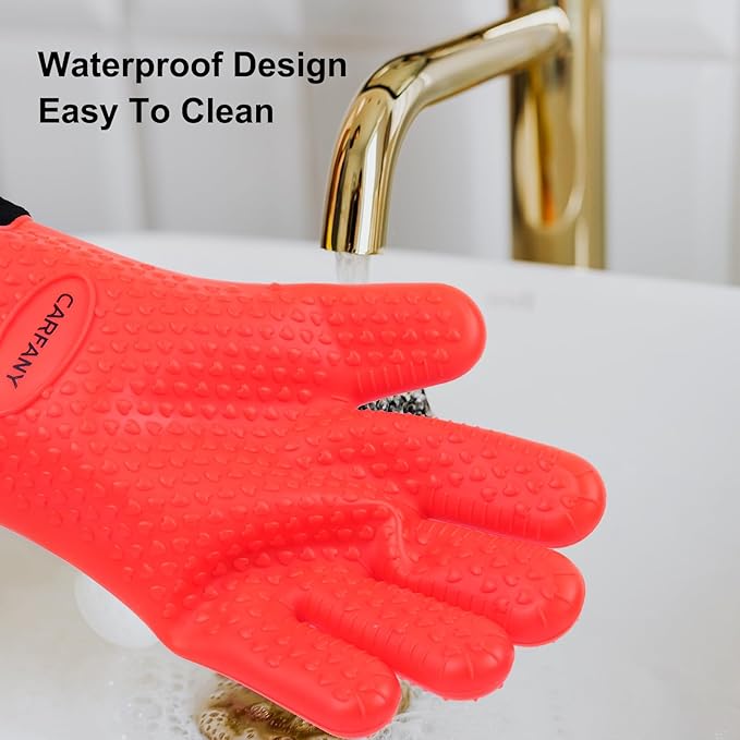 Heat Resistant Grilling Gloves for BBQ Silicone and Cotton Double-Layer Oven Mitts Waterproof Non-Slip Cooking Gloves (Red)