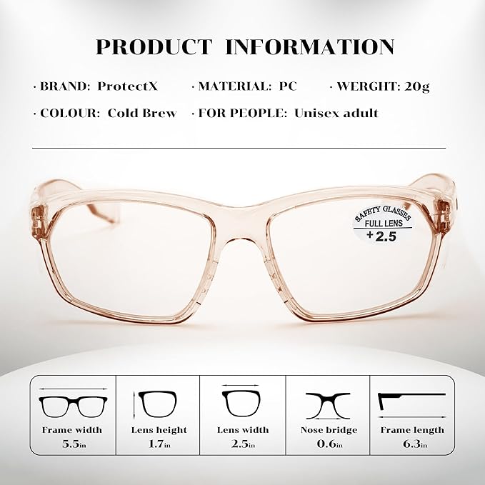 ProtectX Stylish Anti-Fog & Scratch-Resistant Safety Glasses With Readers, UV Protection Goggles, Anti-Impact Lightweight Glasses for Men＆Women Cold Brew Reading 2.5-2 Pack