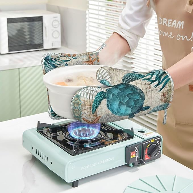 Sea Turtle Ocean Animal Landscape Oven Mitts and Pot Holders Sets Silicone Sea Turtle Kitchen Mitts Potholders Heat Resistant 4Pcs Oven Gloves Hot Pads for Kitchen Grilling