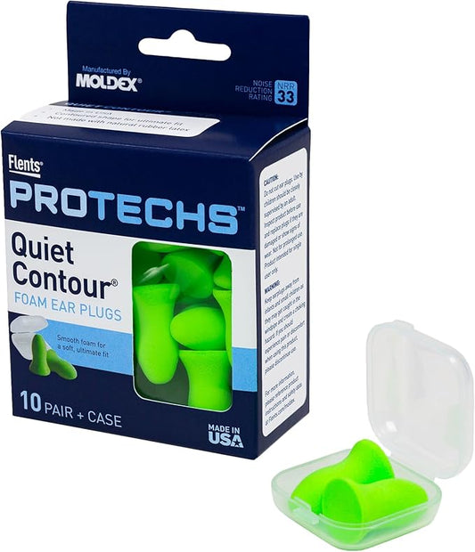 Flents Protechs Foam Ear Plugs, 10 Pair with case Sleeping, Snoring, Loud Noise, Traveling, Concerts, Construction, Studying, Work, Shooting, NRR 33, Noise Cancelling, Green, Made in the USA