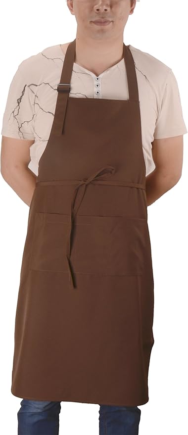 Brown Professional Resist Water Adjustable Extra Long Bib Apron 3 Pockets Home Kitchen Garden Restaurant Cafe Bar Pub Bakery for Cooking Chef Baker Servers Craft Unisex