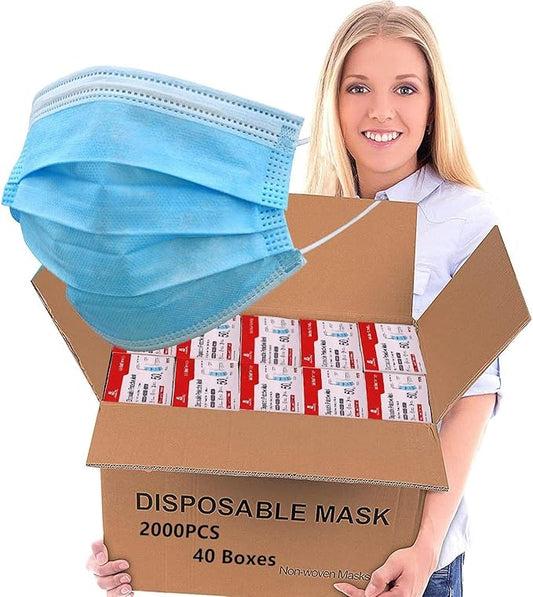 2000PCS Bulk Wholesale Face Masks for Business and Home Use-Disposable Face Mask-Blue 3 Ply Face Mask Cup Dust Masks PPE Filter Protection Face Masks