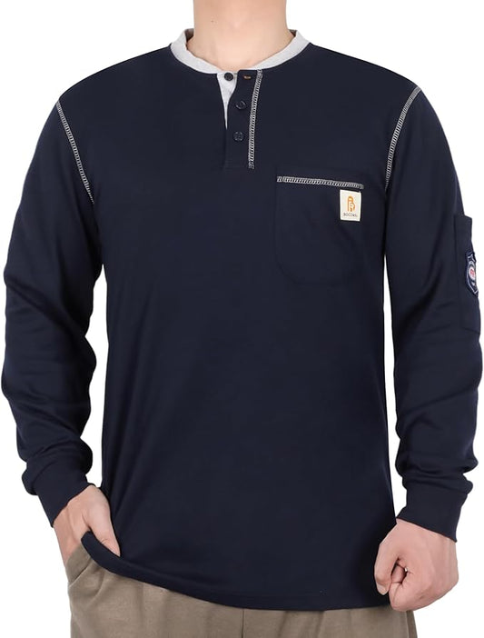 BOCOMAL FR Shirts for Men CAT2 5.5oz Long Sleeve Henley Workwear Flame Resistant Fire Retardant Shirt