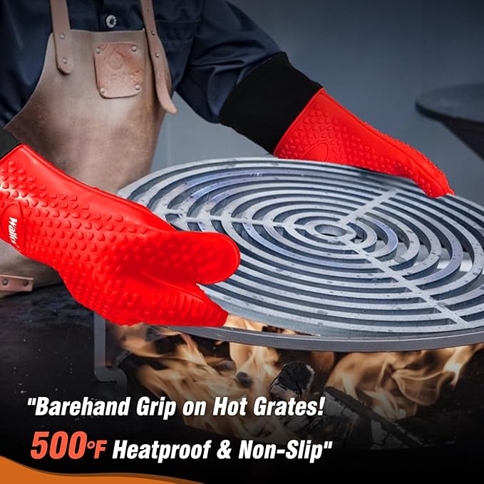 Walfos Silicone BBQ Gloves - Heat Resistant Grilling Gloves, Premium Non-Slip Kitchen Silicone Oven Mitt with Protective Cotton Layer Inside, Waterproof, Great for Grilling, Kitchen and Cooking, Red