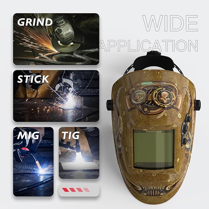 YESWELDER Large View Auto Darkening Welding Helmet, Blue Light Blocking, 1/1/1/1 True Color Solar Powered Welder Hood Mask with 4 Arc Sensors, Wide Shade 3/5-9/9-13 for TIG MIG ARC Cut and Grind