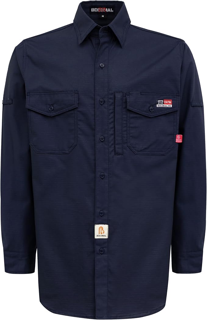 BOCOMAL FR Shirts 6oz Ripstop Durable Rugged Zipper Pocket Water Repellent Finish Fire Resistant Shirt-CAT2