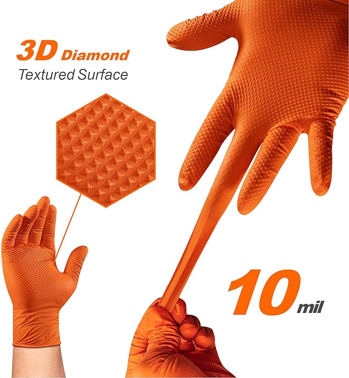 10 Mil Nitrile Disposable Gloves Heavy Duty Mechanic Gloves Raised Diamond Texture Thick Orange, 100 Pack X Large