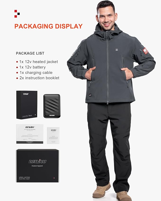 DEWBU Heated Jacket for Men with 12V Battery Pack Winter Outdoor Soft Shell Electric Heating Coat