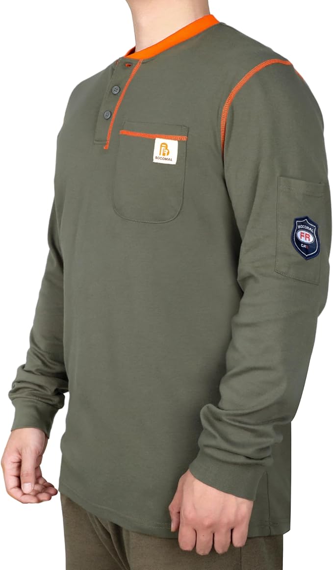 BOCOMAL FR Shirts for Men CAT2 5.5oz Long Sleeve Henley Workwear Flame Resistant Fire Retardant Shirt