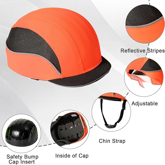 TIHEEN Unisex Safety Bump Cap, Baseball Hat Style with Reflective Stripes Lightweight and Breathable Hard Hat Head Protection Cap