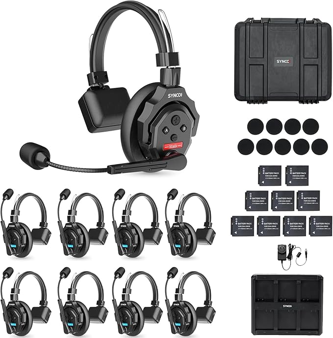SYNCO XTalk X9 Full Duplex AEC Wireless Intercom Headset System Support 2.4GHz 9-Person Team Communication,350M/1148FT Real-time Monitoring,24-Hour Battery Life