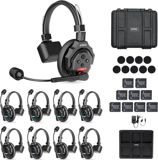 SYNCO XTalk X9 Full Duplex AEC Wireless Intercom Headset System Support 2.4GHz 9-Person Team Communication,350M/1148FT Real-time Monitoring,24-Hour Battery Life