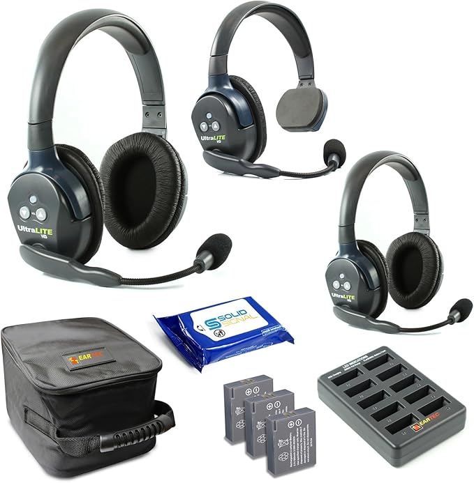 Eartec UL312 Ultralite Full Duplex Wireless Headset Communication for 3 Users – 1 Single Ear and 2 Dual Ear Headsets with SolidSignal Cleaning Wipes Bundle