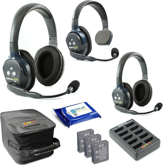 Eartec UL312 Ultralite Full Duplex Wireless Headset Communication for 3 Users – 1 Single Ear and 2 Dual Ear Headsets with SolidSignal Cleaning Wipes Bundle