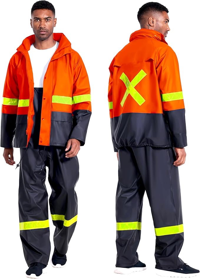 Men's Workwear PRO Rain Suit - Waterproof Jacket and Bib Pants 3-piece Set for Ultimate Safety and Comfort
